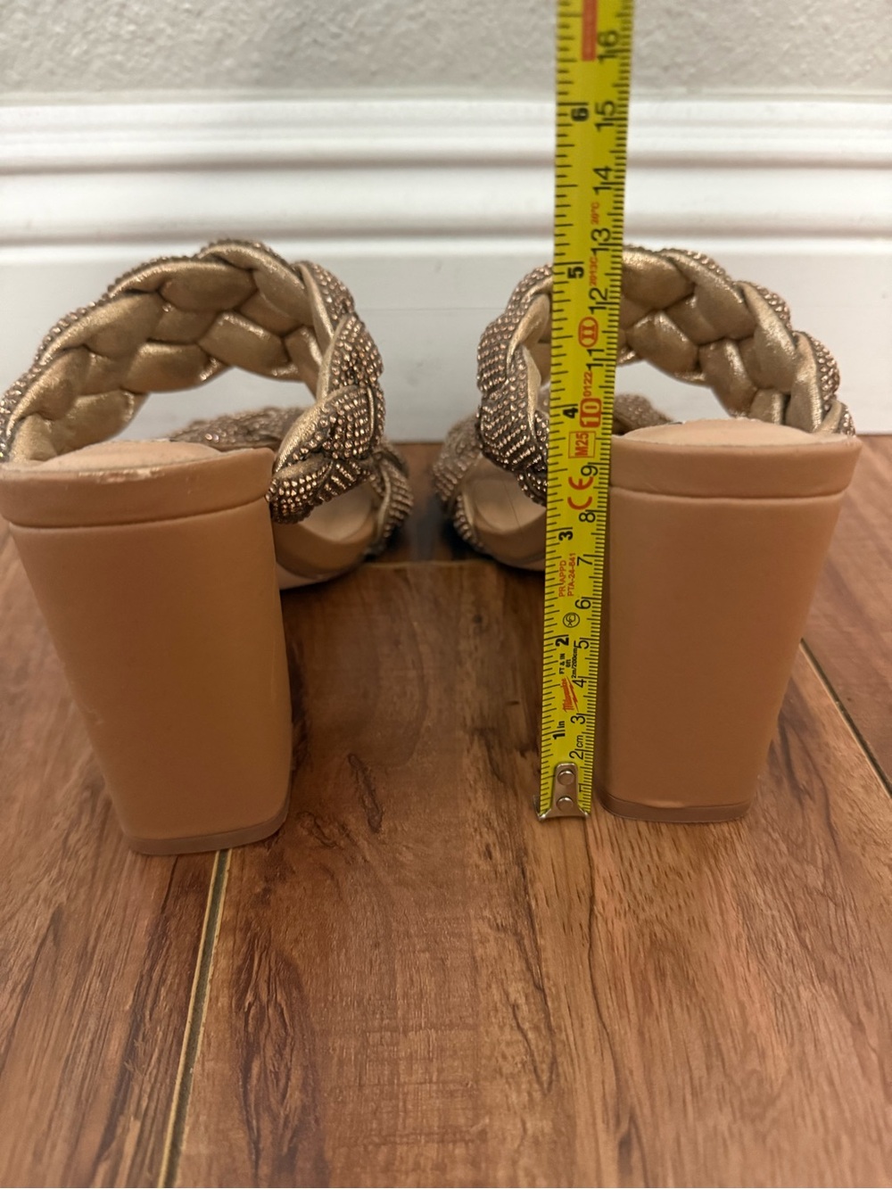 Steve Madden Braided Crystal Two-Strap Block Heel Sandals in Nude/Gold - Picture 4 of 5